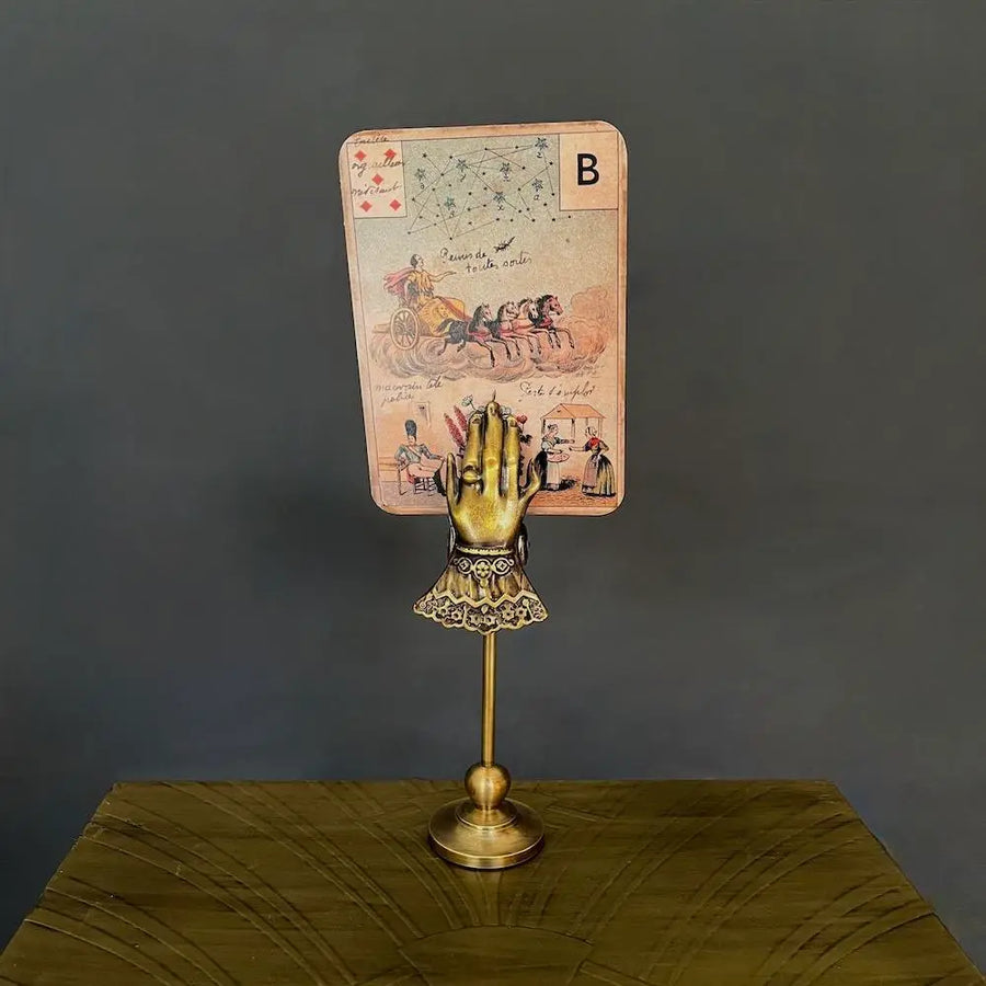 Paper Holder Clips - Brass clasps on a pedestal including tarot cards by Vintage Treasures - Fp Art Online