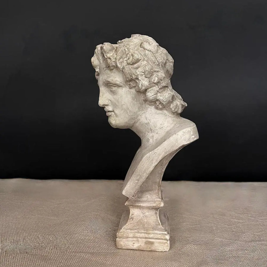 Alessandro Magno Bust - Ancient plaster bust on antique wood pedestal by Vintage Treasures - Fp Art Online