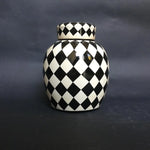 Dama Chinese Vase - Black and white checkered ceramic vase with lid by Vintage Treasures - Fp Art Online