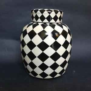 Dama Chinese Vase - Black and white checkered ceramic vase with lid by Vintage Treasures - Fp Art Online