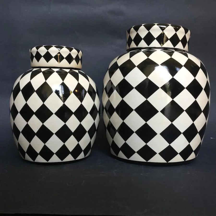 Dama Chinese Vase - Black and white checkered ceramic vase with lid by Vintage Treasures - Fp Art Online