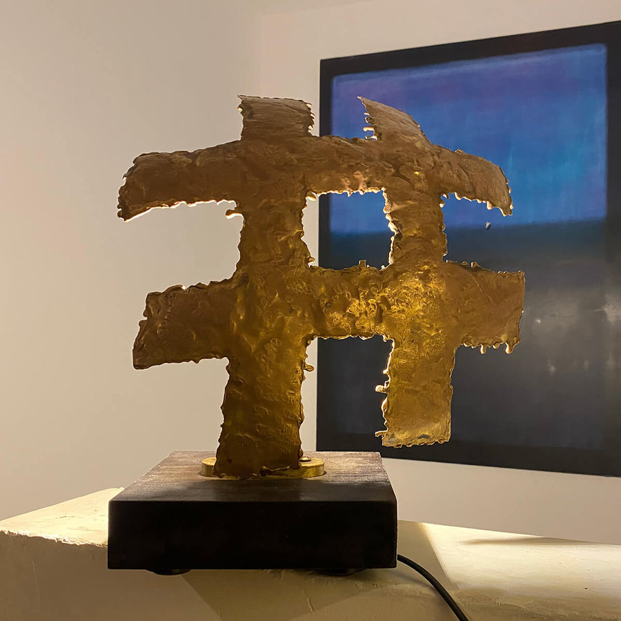 Hashtag - Backlit brass sculpture on wooden base by Razeto Giangi - Fp Art Online