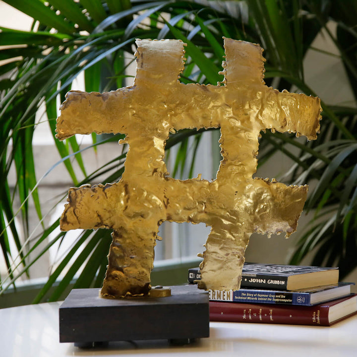 Hashtag - Backlit brass sculpture on wooden base by Razeto Giangi - Fp Art Online