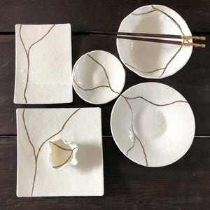 "Kintzugi White" Sushi Set, Handmade Murano plates, engraved by hand with gold 24 KT by Fp Art Tableware - Fp Art Online