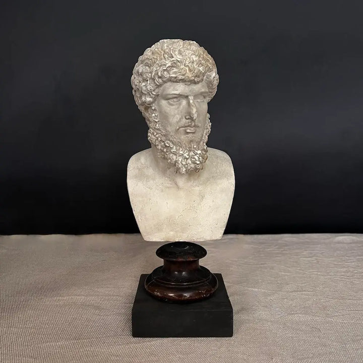 Lucio Vero Bust - Ancient plaster bust on antique wood pedestal by Vintage Treasures - Fp Art Online