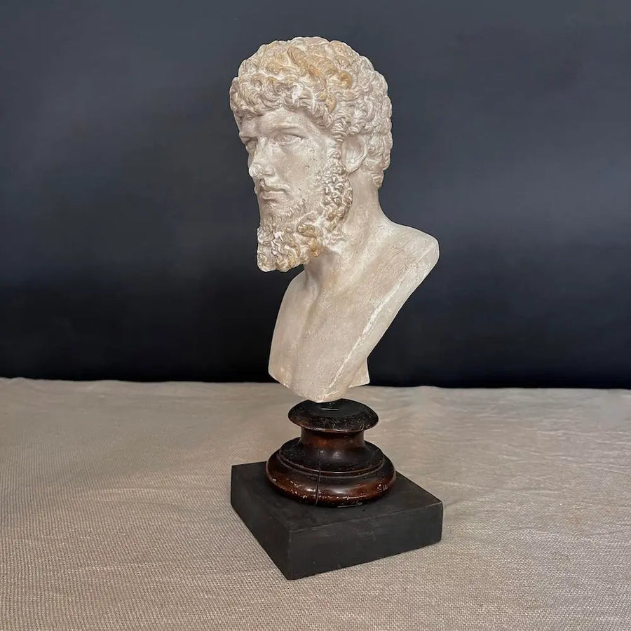 Lucio Vero Bust - Ancient plaster bust on antique wood pedestal by Vintage Treasures - Fp Art Online