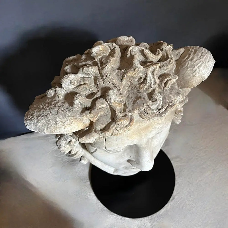 Medusa Head - Gypsum sculpture on pedestal by Vintage Treasures - Fp Art Online