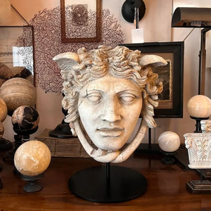 Medusa Head - Gypsum sculpture on pedestal by Vintage Treasures - Fp Art Online