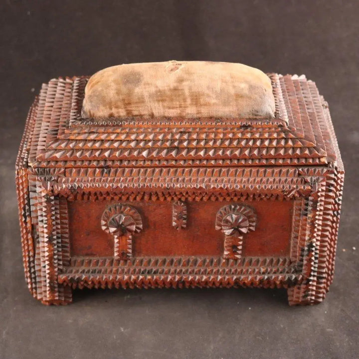 Tramp Art - Rare early 20th century sewing box by Vintage Treasures - Fp Art Online