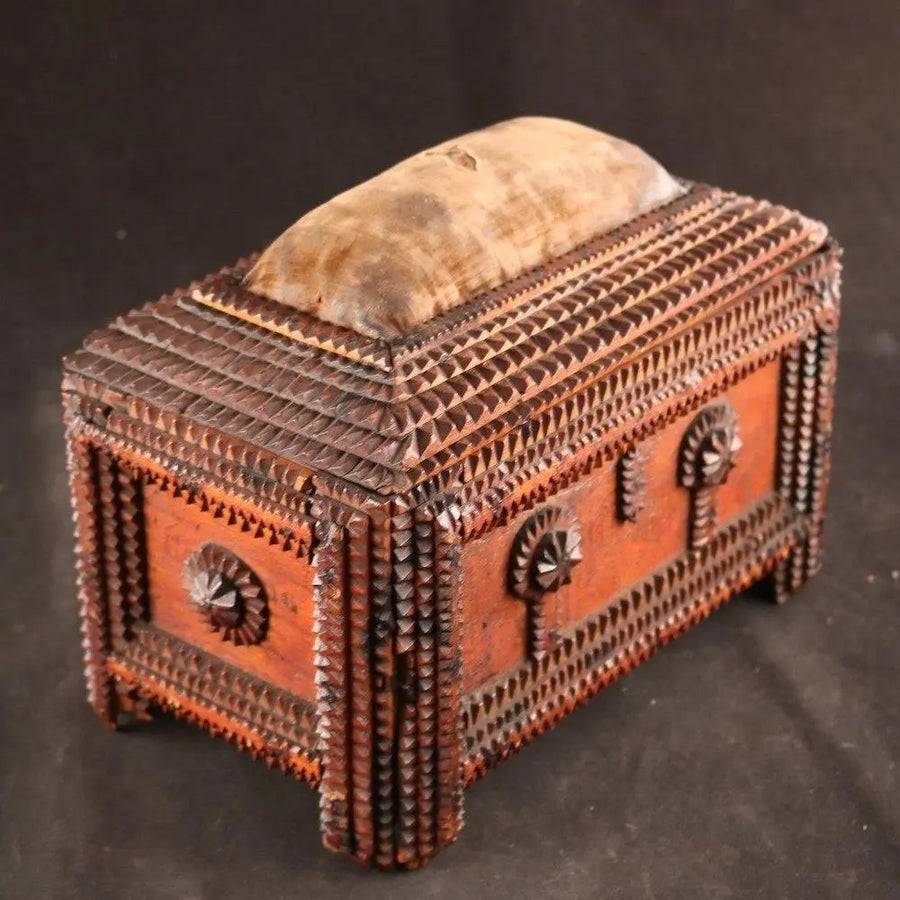 Tramp Art - Rare early 20th century sewing box by Vintage Treasures - Fp Art Online