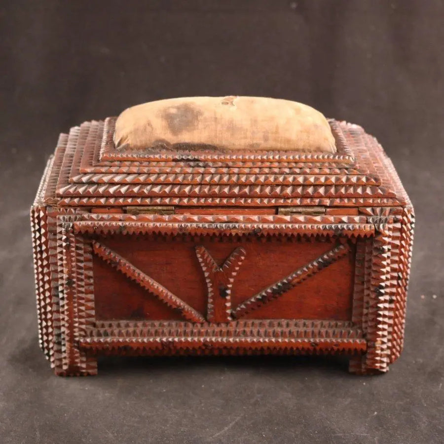 Tramp Art - Rare early 20th century sewing box by Vintage Treasures - Fp Art Online